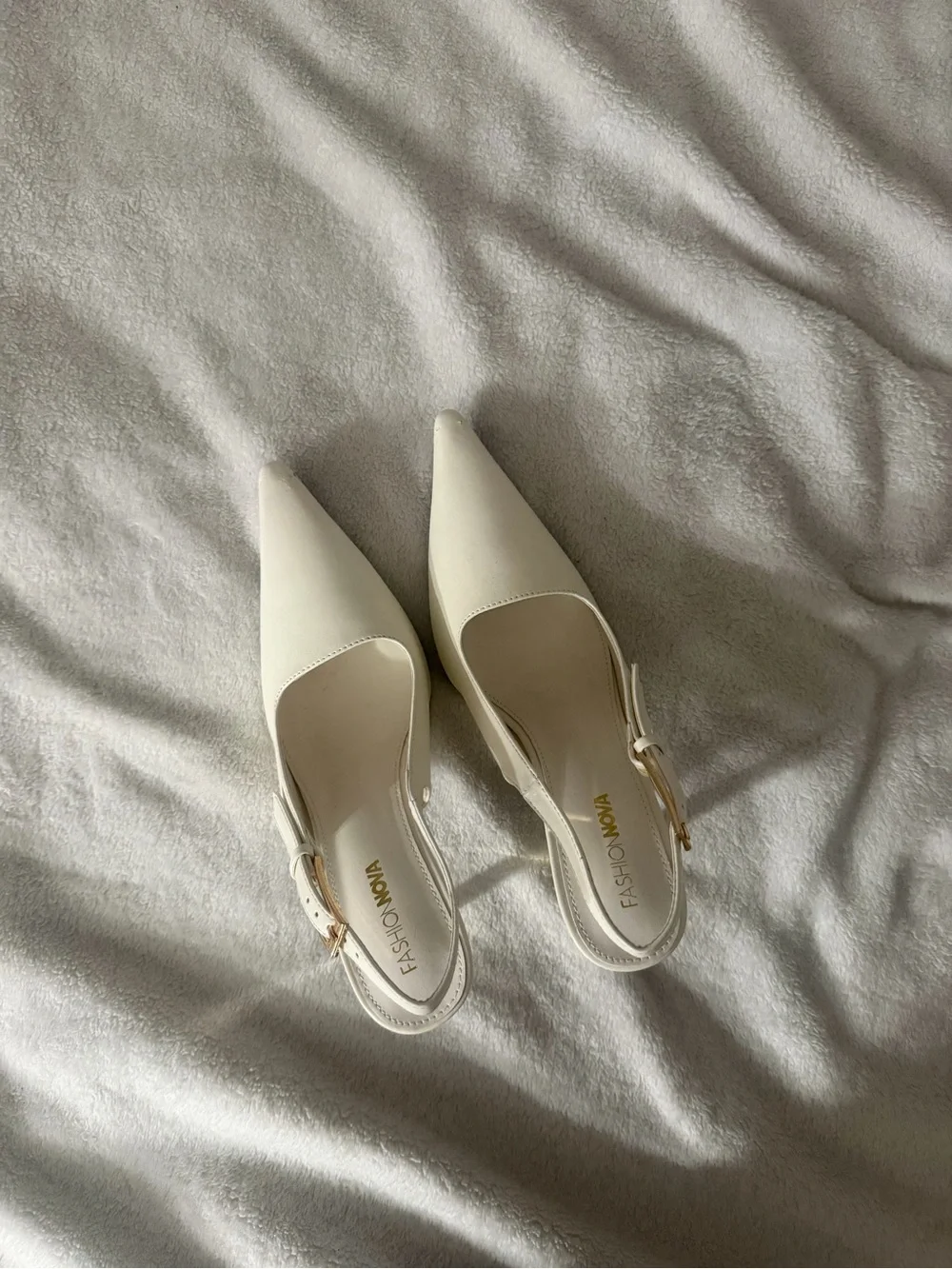 Fashion Nova White Pointed-Toe Slingback Heels with Gold & Silver Accents